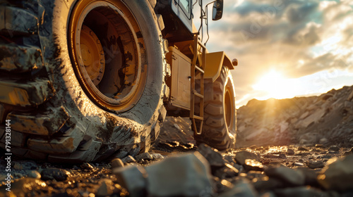 A large truck navigates down a rocky road on a construction site, its wheels gripping the rough terrain as it plows ahead