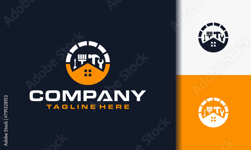home workshop equipment logo vector, with house, hammer, wrench, screwdriver and paint brush icons