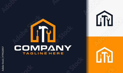 home workshop equipment logo vector, with house, hammer, wrench, screwdriver and paint brush icons