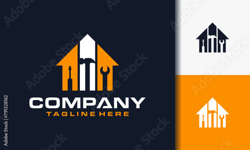 home workshop equipment logo vector, with house, hammer, wrench, screwdriver and paint brush icons