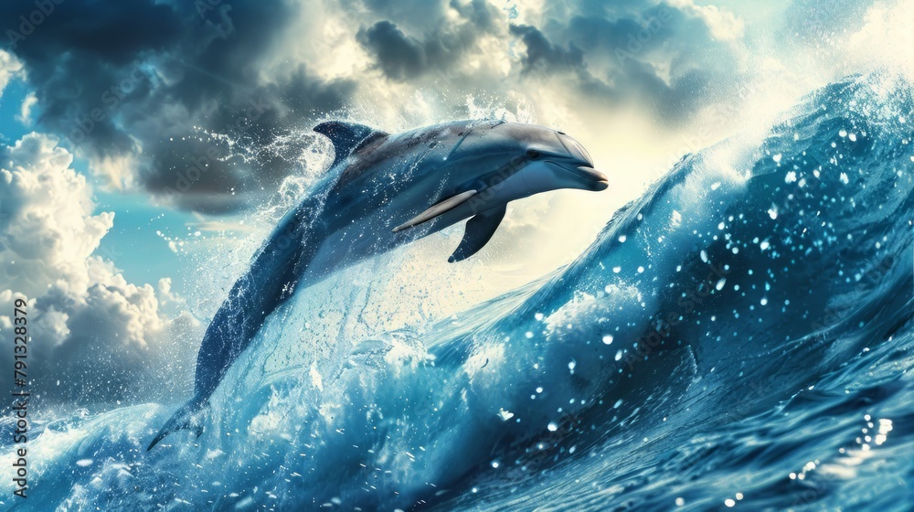 Fototapeta premium World Oceans Day, Day of Water. Dolphin a Guardians of the Sea, Ocean Conservation and Protection, Stop Ocean Plastic pollution, Underwater Ecosystem