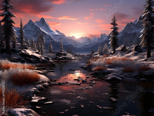 Fantastic winter landscape with snowy mountains and river. 3d rendering