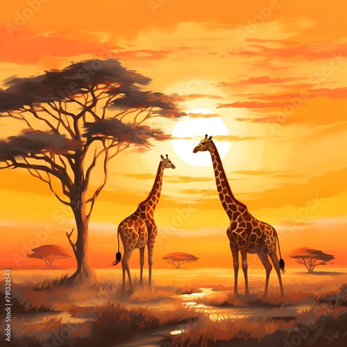 Giraffe Sunset Serenity  Graceful giraffes against a tranquil and colorful sunset