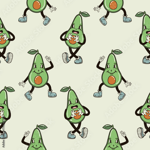 A seamless pattern with funny, cute and smiling avocado character in a groovy style vector illustration