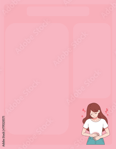 Illustration of a girl with menstrual cramps, notepad, stomachache