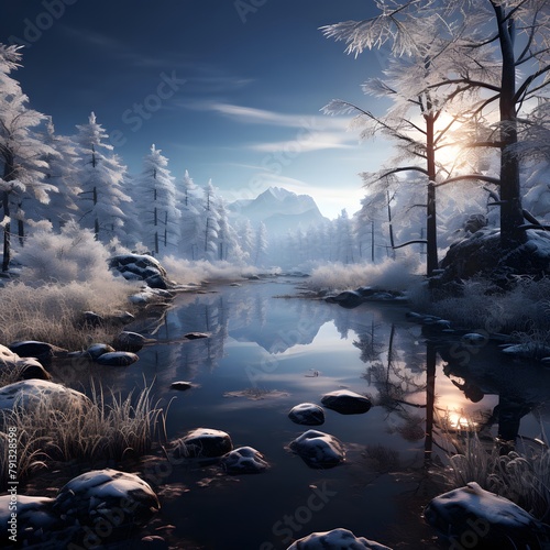Winter landscape with frozen river and forest in background. 3d rendering