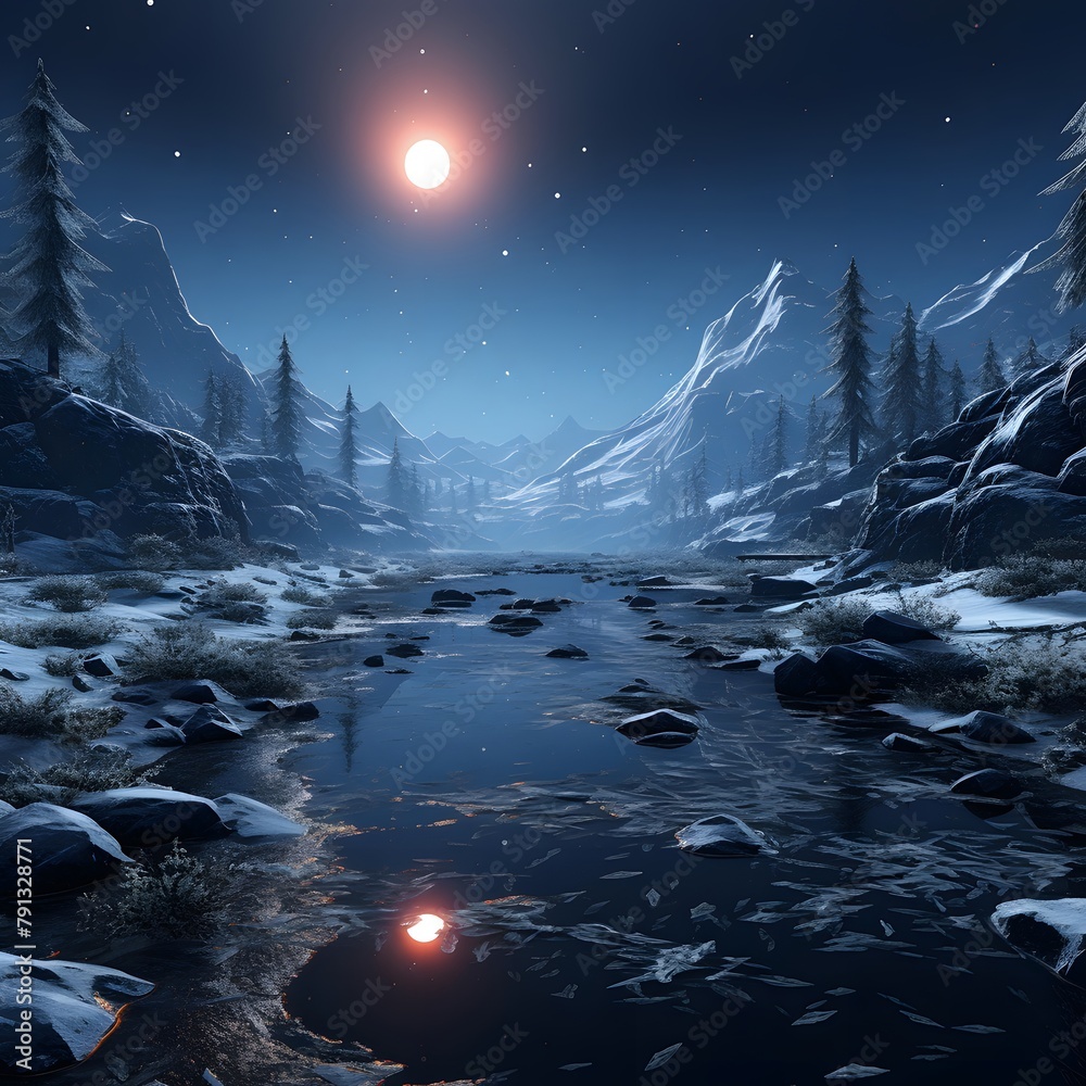 Fantasy landscape. Mountain river at night. 3D illustration.