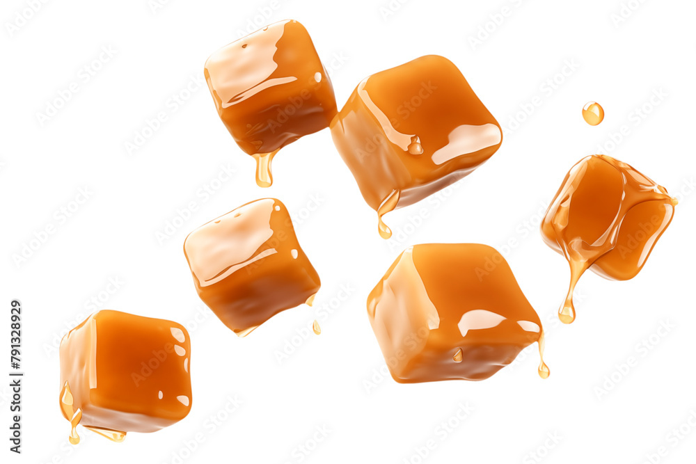 Fototapeta premium Salted caramel cubes levitation isolated on transparent background.