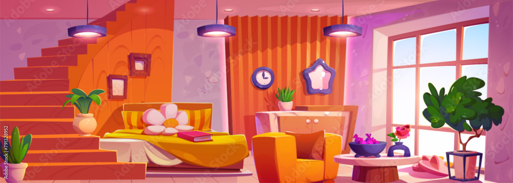 Obraz premium Bedroom interior for girl. Cartoon teen home design with bed, plant in pot, armchair and stylish flower pillow. Staircase in nice room with daylight from window. Light comfort apartment for teenager