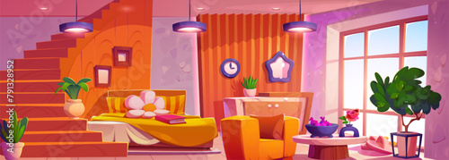 Bedroom interior for girl. Cartoon teen home design with bed, plant in pot, armchair and stylish flower pillow. Staircase in nice room with daylight from window. Light comfort apartment for teenager