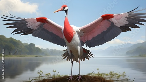 The world's tallest flying bird is the sarus crane. faunal animals. photo