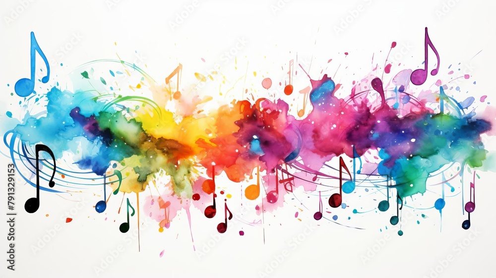 Colorful watercolor painting of music notes.