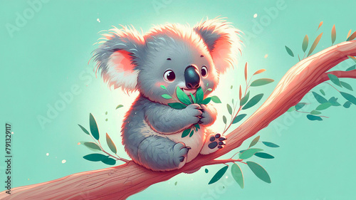 Koala sits on a tree branch and eats leaves