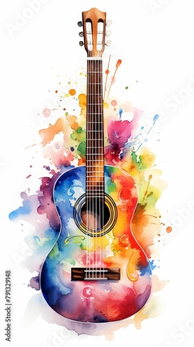 A watercolor painting of an acoustic guitar.