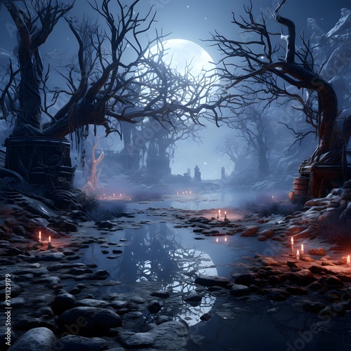 Halloween background. The full moon in the night forest. 3d rendering