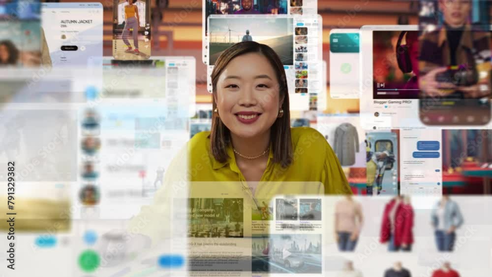 Dynamic Portrait with an Asian Woman Engaging in Online Shopping and Content Creation at Her Home Office. Camera Fluidly Moves Around Her, Capturing Her Interactions With Multiple Digital Screens