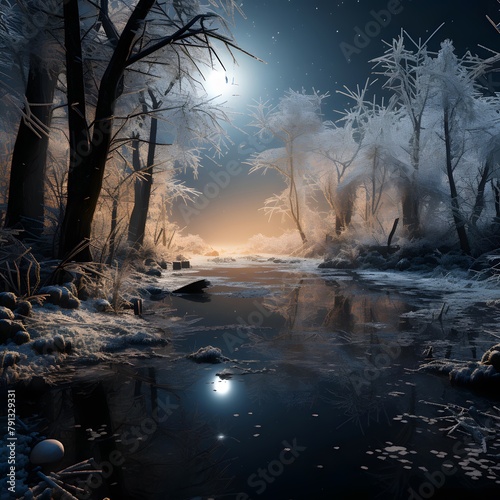 Frozen river in the forest at night. Beautiful winter landscape. © Iman