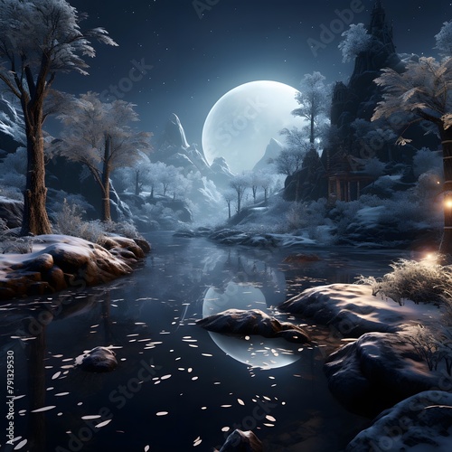 Fantasy landscape with trees, moon and river. 3d illustration
