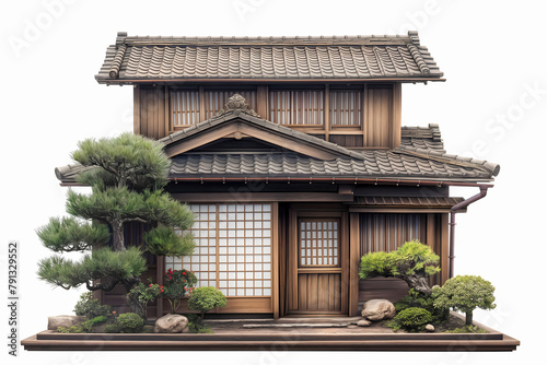 Japanese style wooden house isolated on white background. 3d illustration. photo