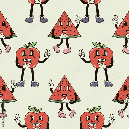A seamless pattern with funny, cute and smiling apple and watermelon character in a groovy style vector illustration