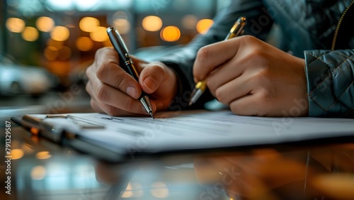 Signing a Contract to Purchase a New Car: Photo of Car Buyer at Dealership. Concept Carbuyer, Dealership, NewCar, ContractSigning, PhotoShoot photo