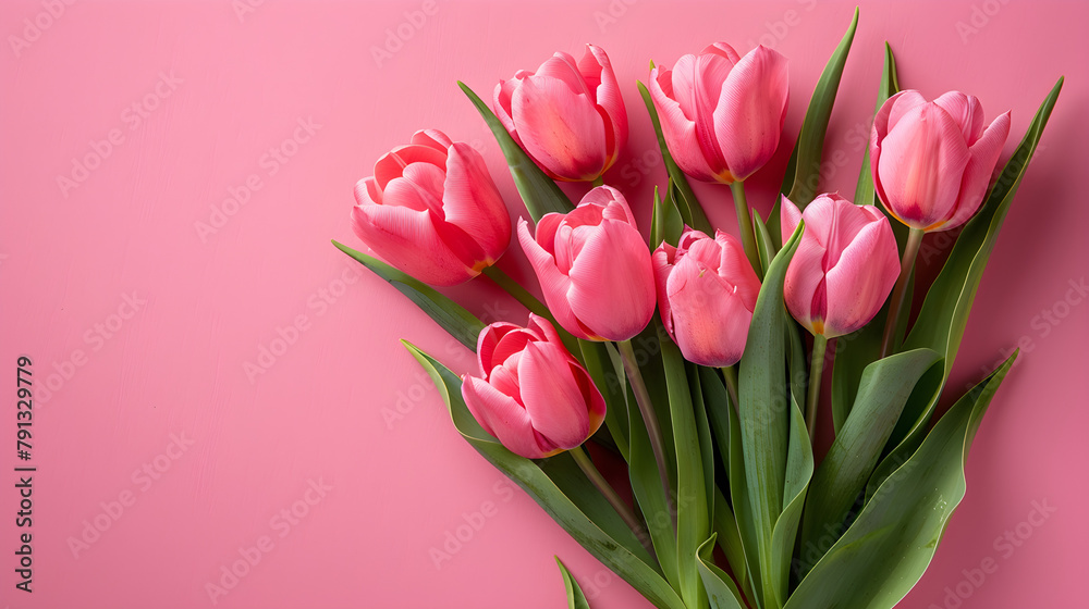 Beautiful composition of pink tulip flowers on a pastel pink background, suitable for Valentine's Day, Easter, birthday, Mother's Day, or as a gift. Beautiful composition of pink tulip flowers on a pastel pink background, suitable for Valentine's Day, Easter, birthday, Mother's Day, or as a gift.