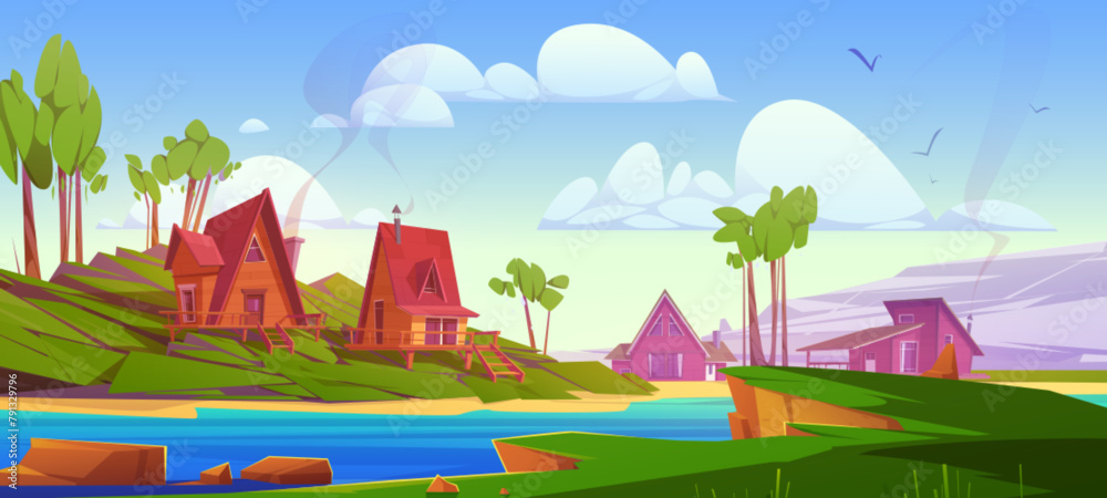 Fototapeta premium Village or hotel wooden cabins on shore of river or lake. Cartoon vector summer landscape with wood cozy houses on banks of pond or sea with green grass and trees. Countryside scenery for vacation.