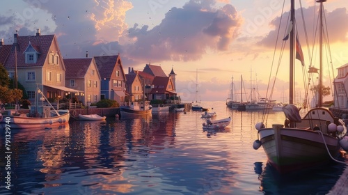 A tranquil coastal village bathed in the soft light of dawn, its pastel-hued cottages clustered around a picturesque harbor where fishing boats sway gently in the tide,  photo