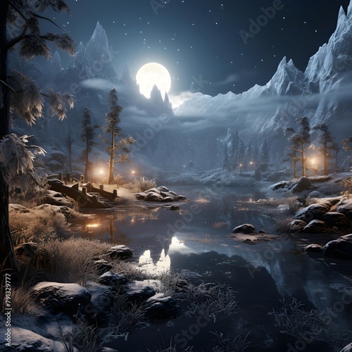 Fantasy landscape with mountain lake and forest at night. 3d rendering