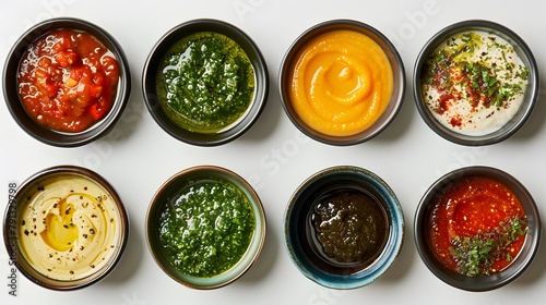 a set of sauces in small plates on an empty background, top view