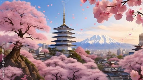 Sakura season, autumn in Japan, beautiful cherry blossom trees in temples. Castle at dusk, cherry blossom-filled pagoda