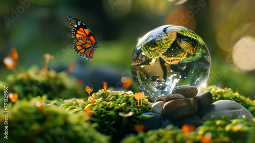 Crystal Ball on Nature Background with Butterfly.