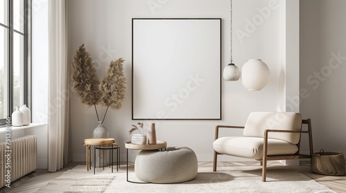 Mockup photo of a large poster in a minimalist urban contemporary sparse living room