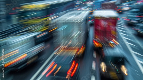 Traffic congestion captured in a blurred image of a highway with trucks and cars whizzing by in a blur representing the vital role of road networks in transporting goods and people. . photo