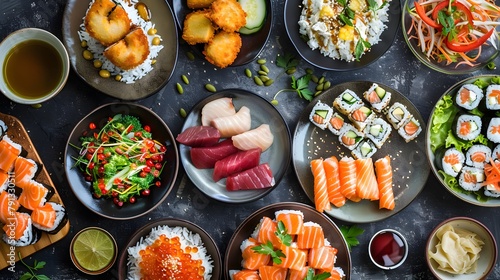 top view of ingredients used for sushi on a plate