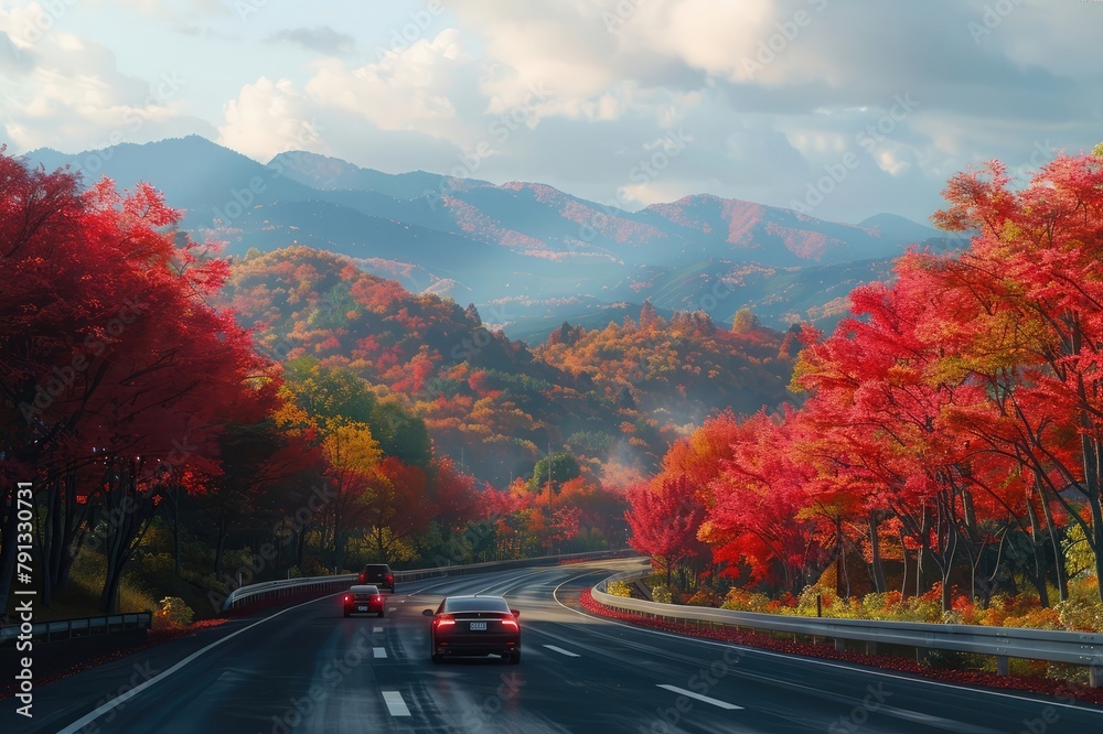 Scene of cars drive along the road with autumn red leaf in Aomori, Japan. Beautiful country side along the road great time for travel.