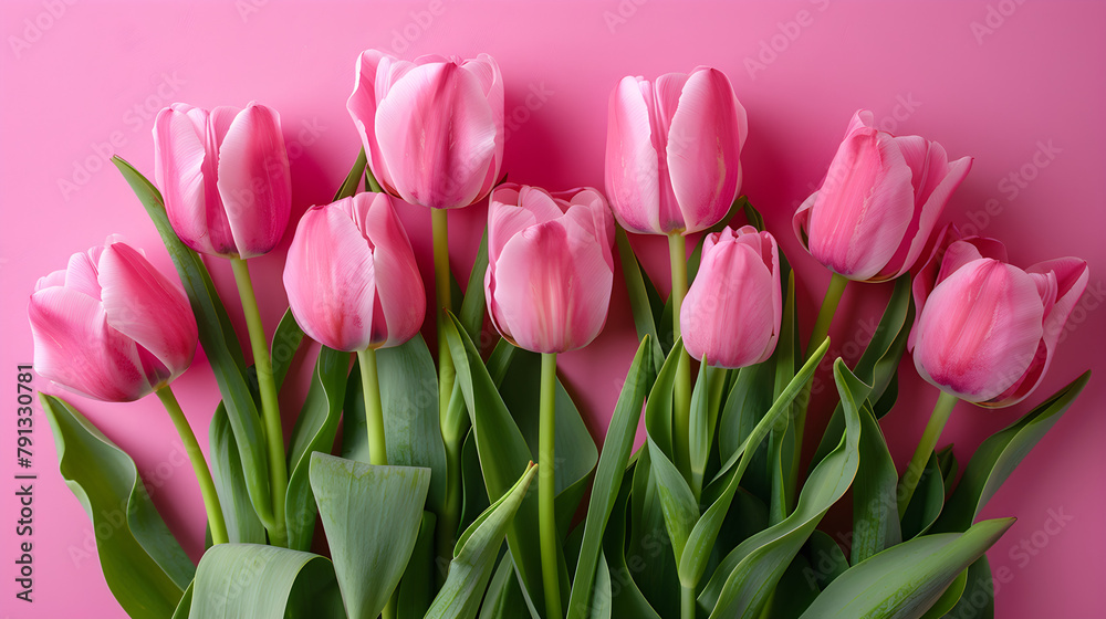 Beautiful composition of pink tulip flowers on a pastel pink background, suitable for various occasions and celebrations