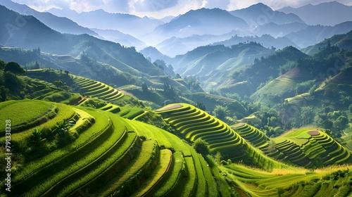 depicts terraced hillside agriculture with crops cultivated on steep slopes, showcasing the efficiency and beauty of traditional farming methods. The terraces create a striking pattern in the landscap