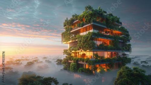 Futuristic green skyscraper covered in plants and vegetation with a beautiful sunset in the background photo