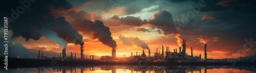 Dramatic sunset over an oil refinery with silhouette of towering structures and smoke plumes, symbolizing energy production and environmental concerns , technology,finance,fusion