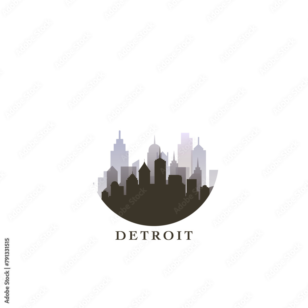 Detroit cityscape, vector gradient badge, flat skyline logo, icon. USA, Michigan state city round emblem idea with landmarks and building silhouettes. Isolated abstract graphic