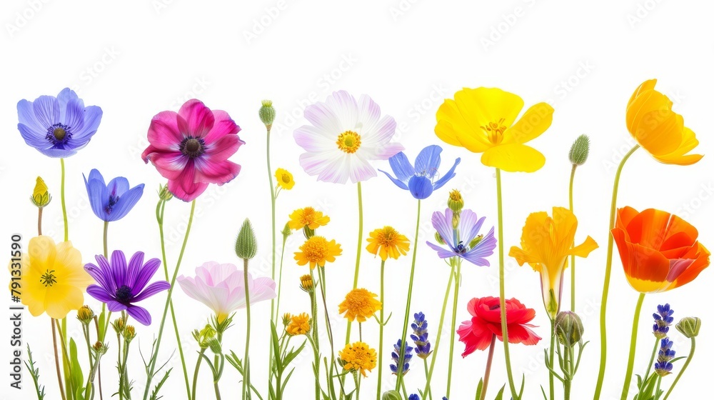 Colorful Array of Wildflowers on a Bright White Background