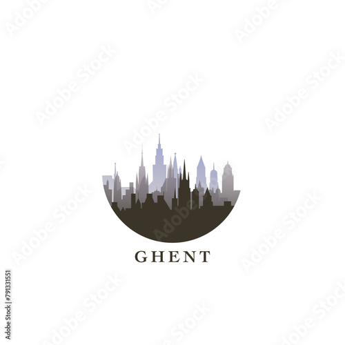 Ghent cityscape, gradient vector badge, flat skyline logo, icon. Belgium city round emblem idea with landmarks and building silhouettes. Isolated graphic