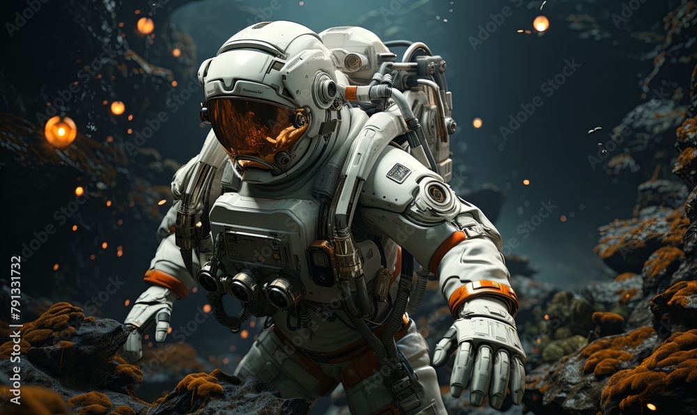 Astronaut in Space Suit Walking Through Cave