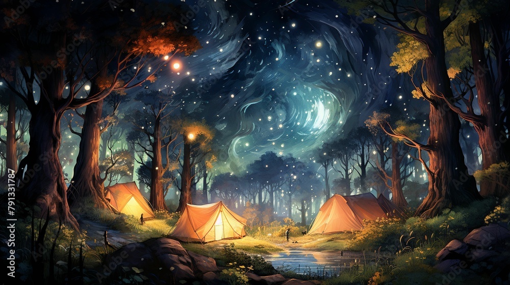 Magical watercolor forest clearing with a starviewing party, blankets and telescopes under twinkling lights , close up