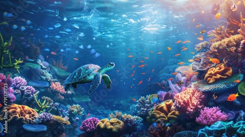 An underwater scene bursting with vibrant coral reefs and diverse marine life including turtles and fish.