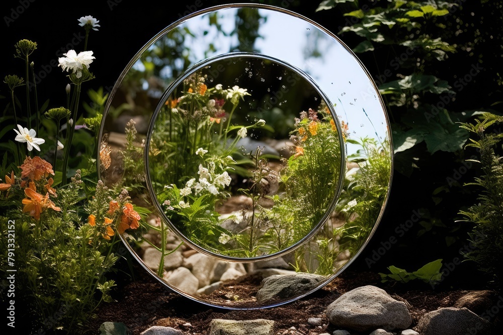 Garden Decor Reflections: Capture the reflection of decor in a garden mirror or glass surface. Garden Decor Reflections: Capture the reflection of decor in a garden mirror or glass surface.