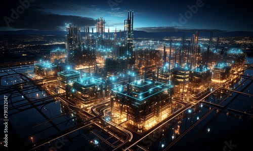 Illuminated Oil Refinery at Night © uhdenis