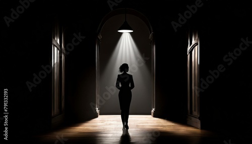 person in the darkness  darkened room with a single spotlight shining on a determined entrepreneur s silhouette