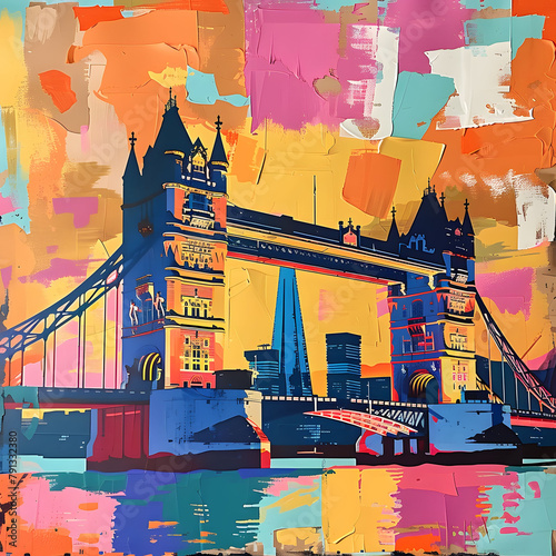 Contemporary style minimalist artwork poster collage illustration of London Bridge grafic style
